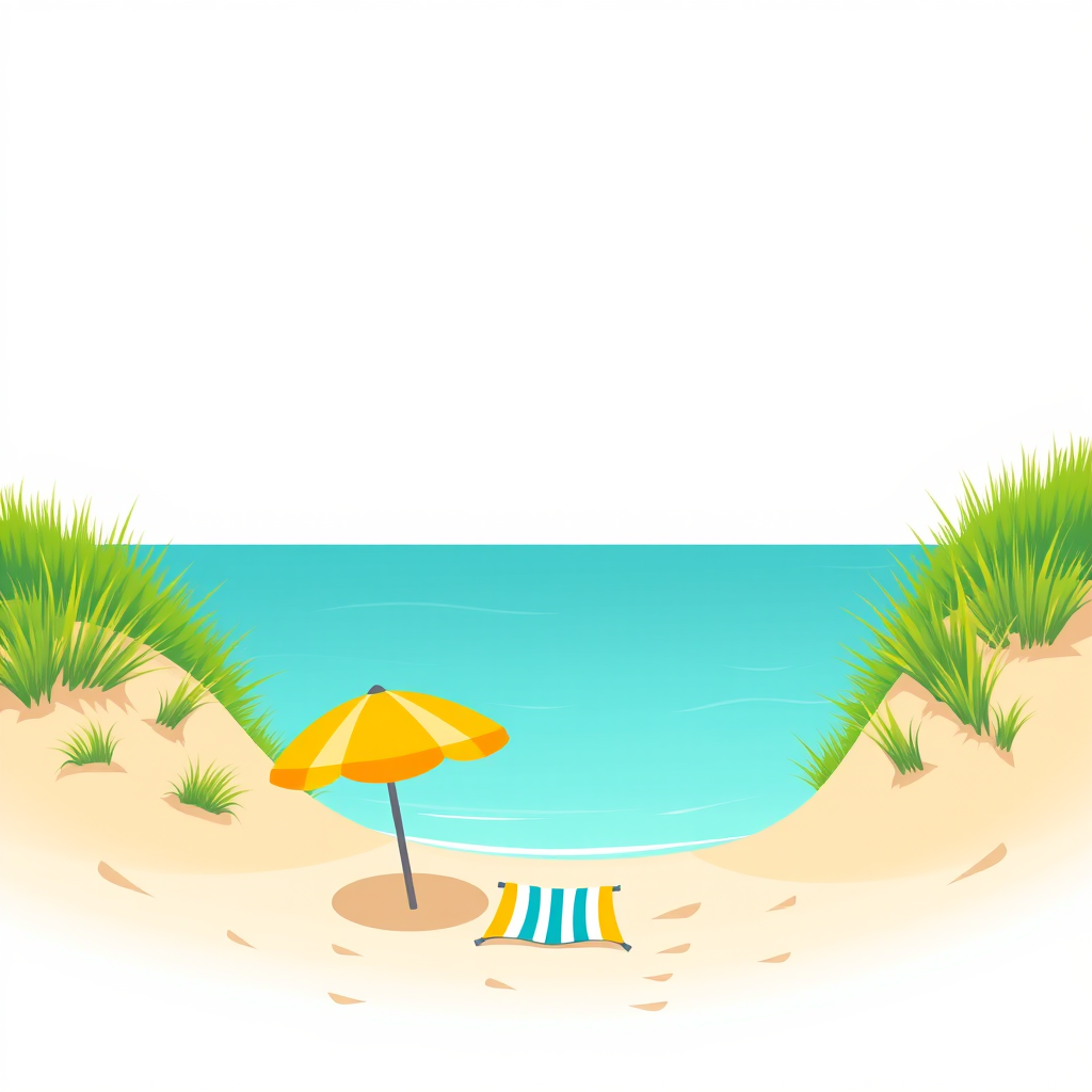 A calm sandy cove at Elco Beach with turquoise water and a single reserved umbrella.
