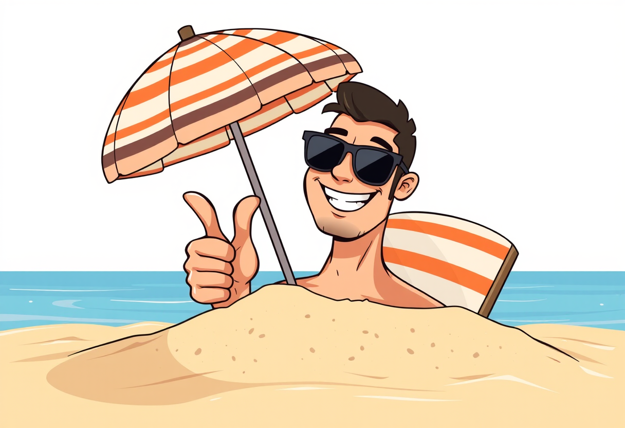 A grinning Beachspot operative buried up to his neck in the sand, sunglasses on, giving a thumbs up beside a planted umbrella.