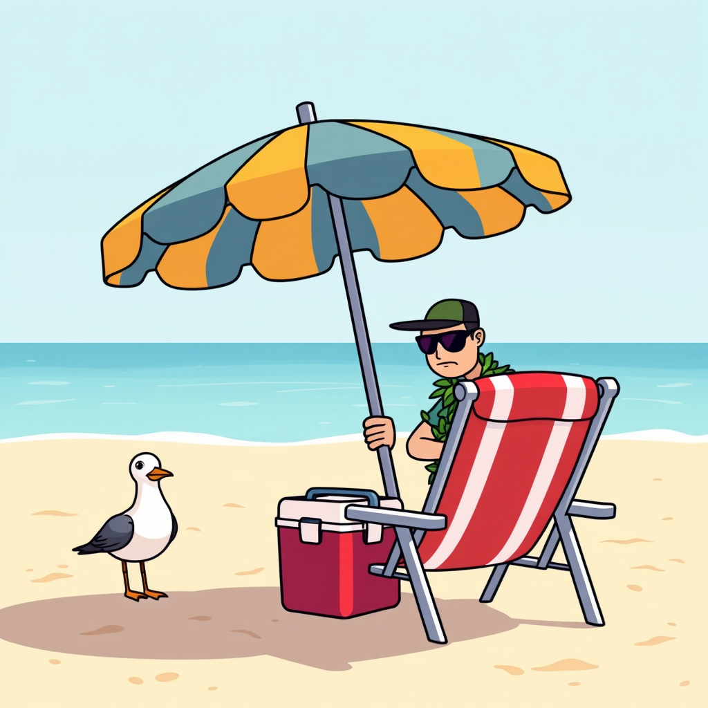 A disguised Beachspot operative quietly assembling beach chairs and an umbrella while a confused seagull supervises.