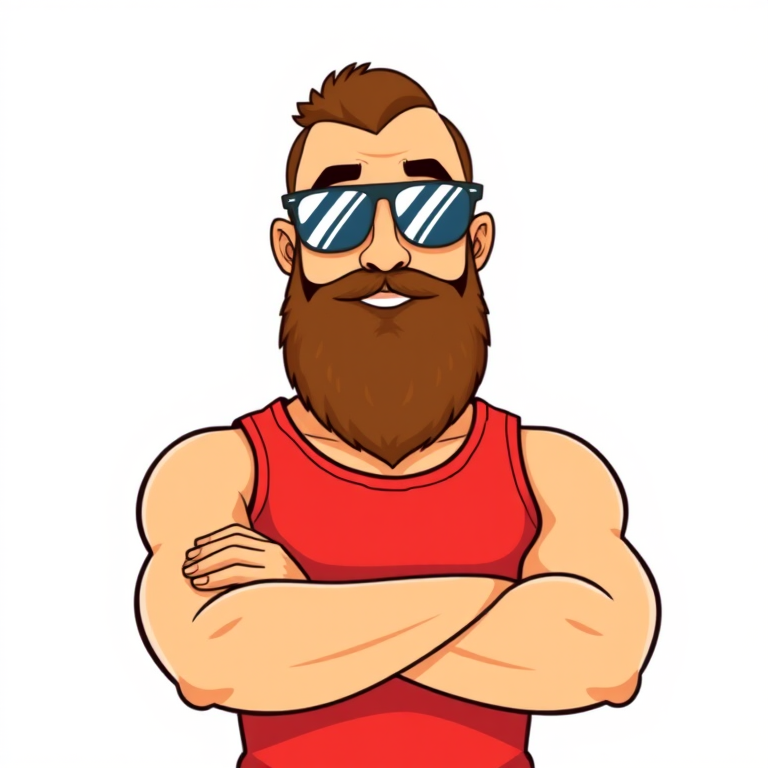 Cartoon portrait of Bud, a calm bearded operative in a red tank top and sunglasses.
