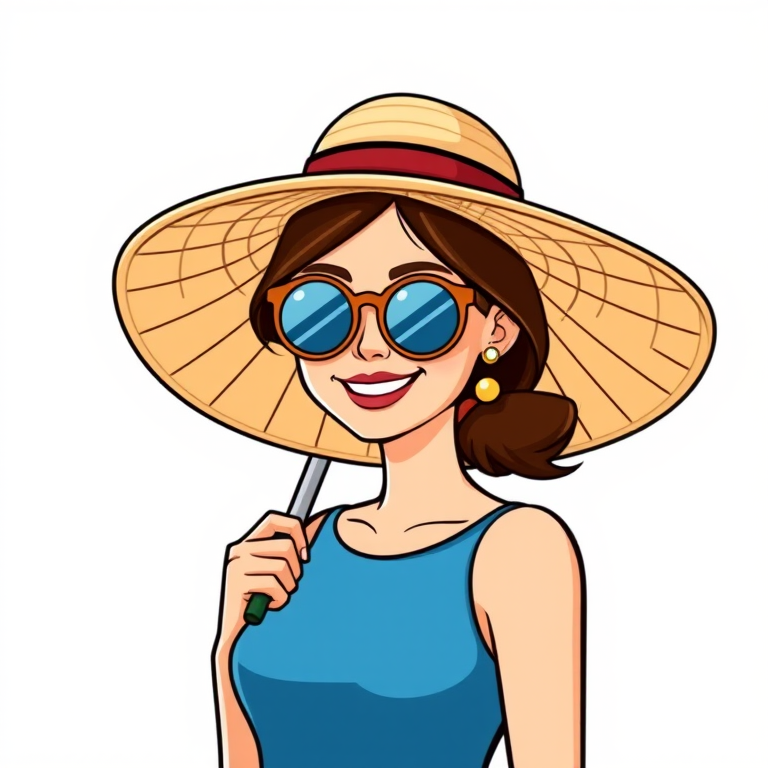 Cartoon portrait of Margaret, a cheerful operative in a sun hat holding an umbrella.