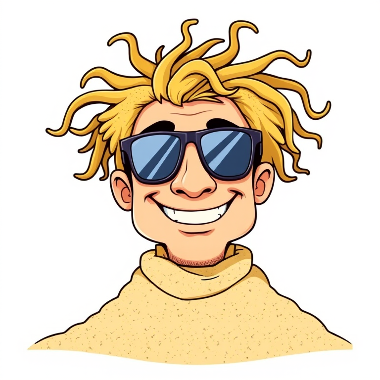 Cartoon portrait of Sandy, an operative camouflaged with sand and seaweed.