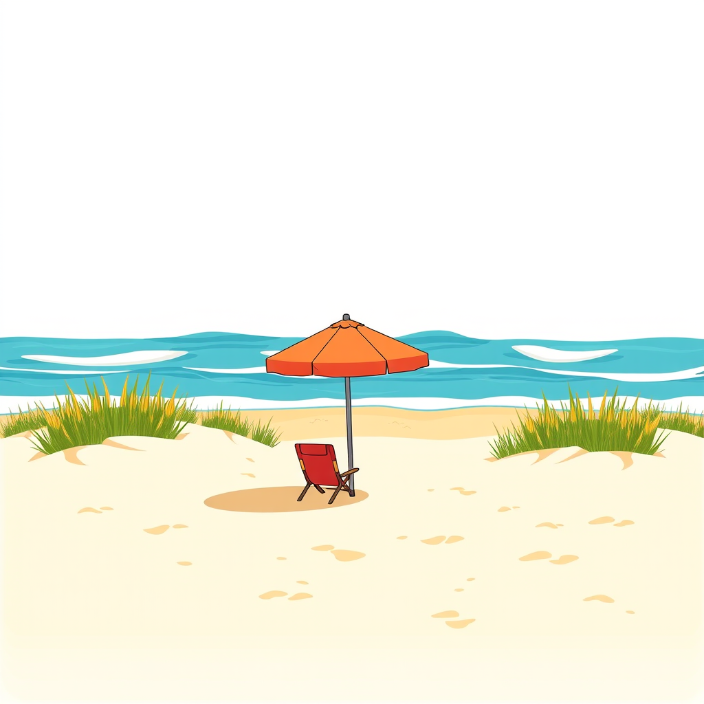 A wide open Wyldewood Beach with rolling waves, dune grass, and a single reserved umbrella.